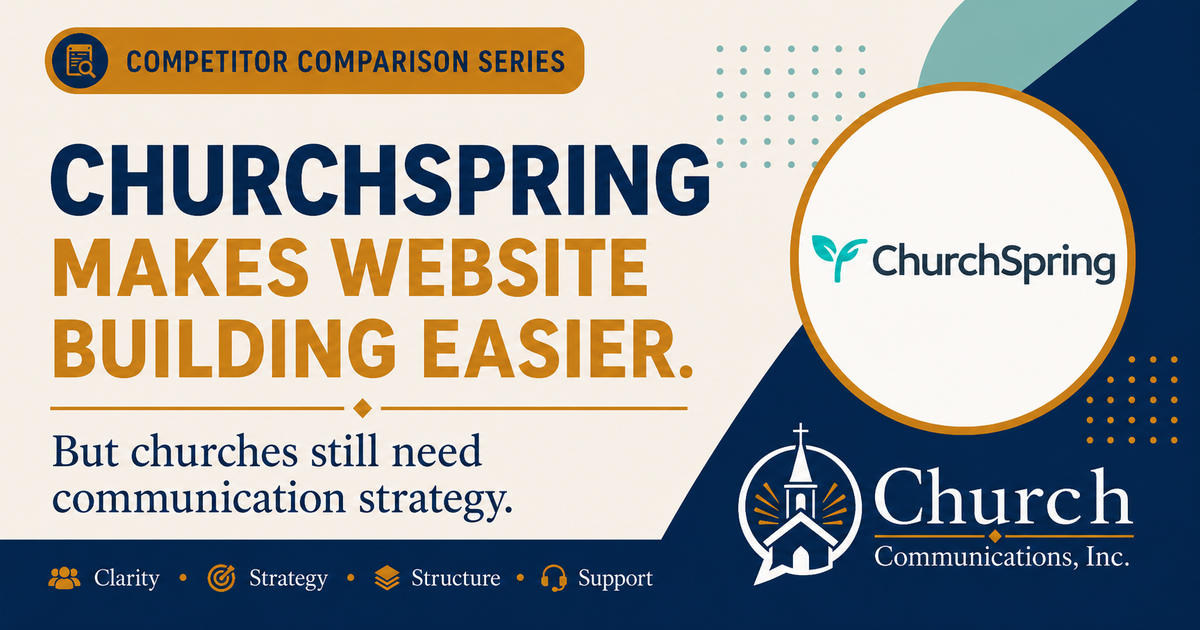 Final ChurchSpring comparison cover for Church Communications, Inc. about website builders and communication strategy.