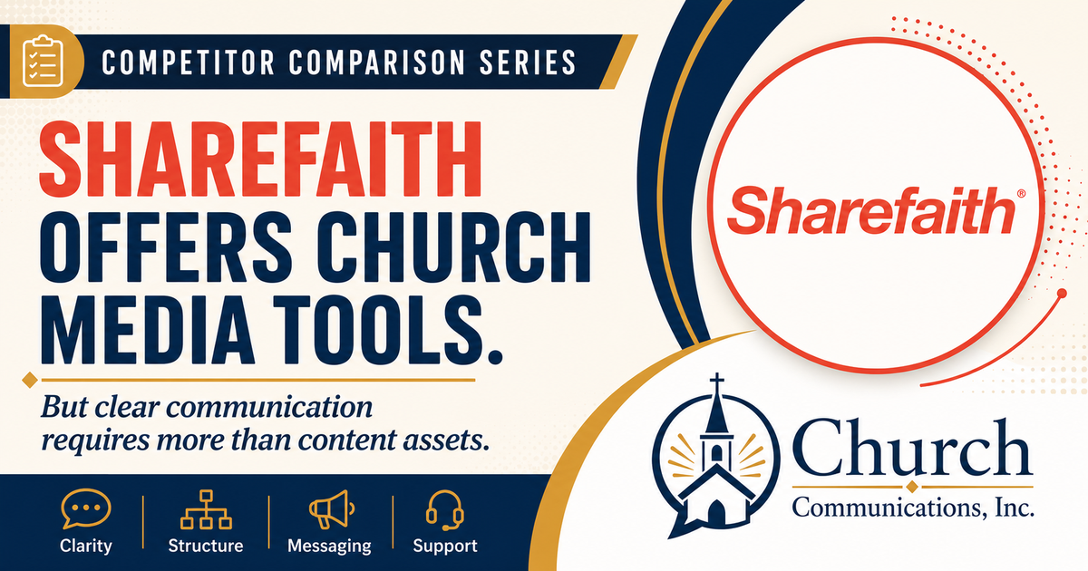 Final Sharefaith comparison cover for Church Communications, Inc. about media assets and communication structure.