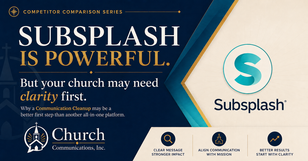 Final Subsplash comparison cover for Church Communications, Inc. about choosing clarity before a broad engagement platform.
